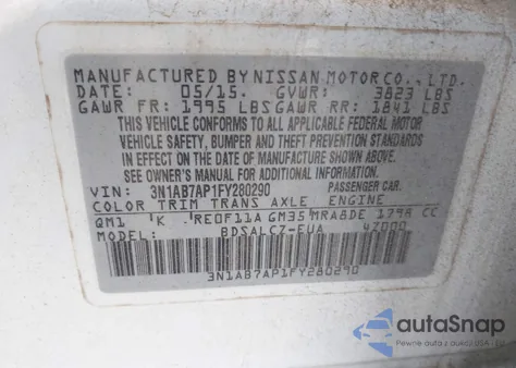2015 Nissan Sentra S z USA, uszkodzony, nr VIN 3N1AB7AP1FY280290